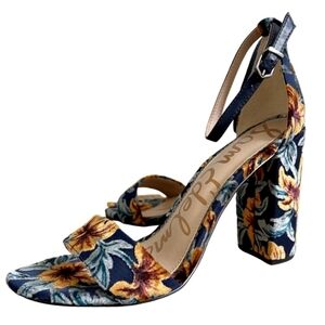 Sam Edelman Yaro Navy & Gold floral block heel sandal ankle strap velvet 9.5
